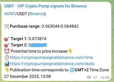 Trading signal proof: ONT pump from Binance, 27 December 2025, 13:53