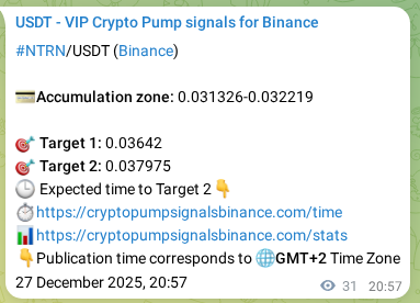 Crypto signal proof: NTRN pump on Binance, 27 December 2025, 21:22