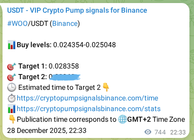 Verification image for WOO pump signal on Binance at 29 December 2025, 19:12
