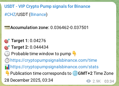 Binance trading signal proof for CHZ pump, 31 December 2025, 11:00