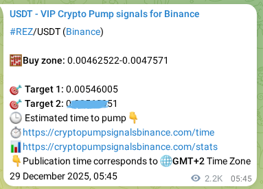 Crypto trading signal proof: REZ pump on Binance, 31 December 2025, 20:00