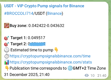 Binance signal verification for BROCCOLI714 pump, 31 December 2025, 21:40