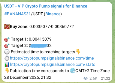 Live proof of BANANAS31 pump signal on Binance, 31 December 2025, 21:52
