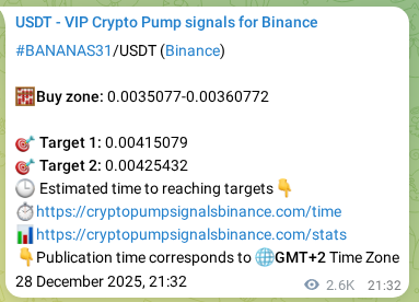 Signal proof for BANANAS31 pump on Binance at 31 December 2025, 21:54