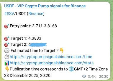 Real-time proof of SSV pump signal on Binance, 01 January 2026, 19:09