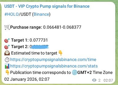 Proof of HOLO pump signal on Binance at 02 January 2026, 02:11