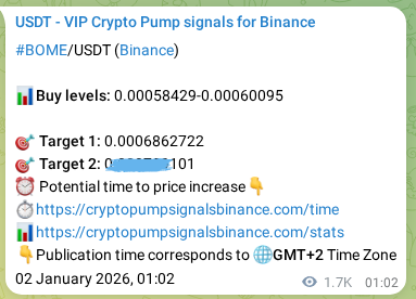 Proof of BOME pump signal on Binance at 04 January 2026, 01:05
