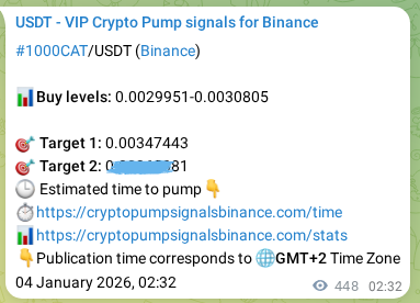 Binance trading signal proof for 1000CAT pump, 04 January 2026, 14:59