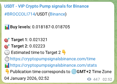 Trading signal proof: BROCCOLI714 pump from Binance, 04 January 2026, 15:16