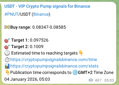 Crypto pump signal analytics for PNUT on Binance, 04 January 2026, 18:35