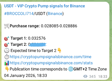 Binance trading signal proof for BROCCOLI714 pump, 05 January 2026, 03:50