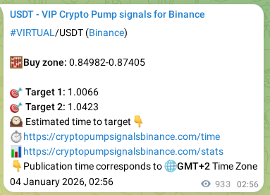 Trading signal proof: VIRTUAL pump from Binance, 05 January 2026, 04:52