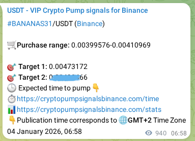 Crypto market signal proof: BANANAS31 pump on Binance, 05 January 2026, 09:06