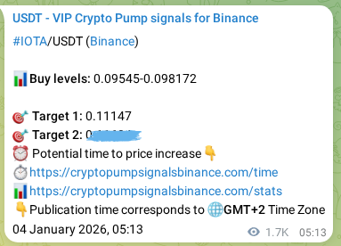 Binance trading signal proof for IOTA pump, 06 January 2026, 04:10