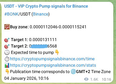 Trading signal proof: BONK pump from Binance, 06 January 2026, 05:36