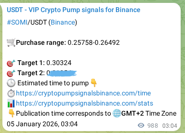 Crypto market signal proof: SOMI pump on Binance, 06 January 2026, 06:29
