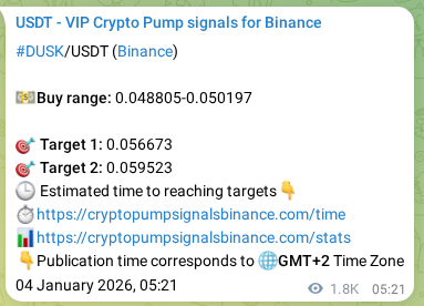 Real-time proof of DUSK pump signal on Binance, 06 January 2026, 06:50
