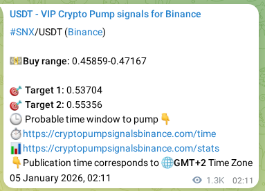 Live proof of SNX pump signal on Binance, 06 January 2026, 15:27