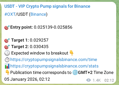 Authenticated proof of OXT's pump signal on Binance, 06 January 2026, 15:33