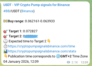 Trading signal verification: BB pump from Binance, 06 January 2026, 22:04