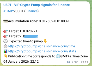 Binance pump signal data for BABY at 07 January 2026, 15:05