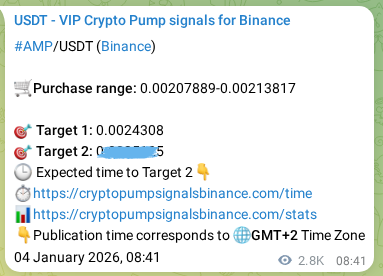 Crypto trading signal proof: AMP pump on Binance, 07 January 2026, 15:38
