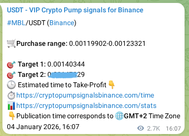 Crypto pump signal analytics for MBL on Binance, 07 January 2026, 18:05