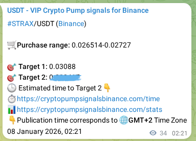 Authenticated proof of STRAX's pump signal on Binance at 08 January 2026, 03:05
