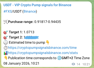 Crypto trading signal proof: FXS pump on Binance, 08 January 2026, 10:27
