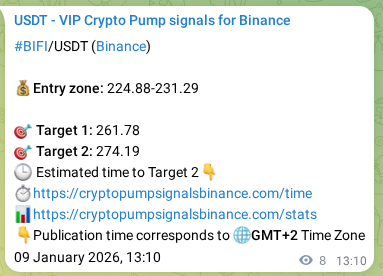 Crypto trading signal proof: BIFI pump on Binance, 09 January 2026, 13:13