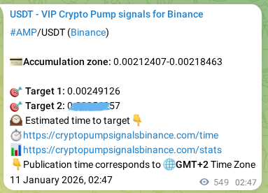 Crypto pump signal proof: AMP on Binance, 11 January 2026, 18:03