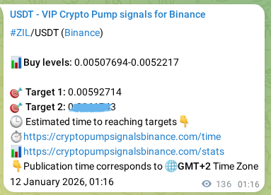 Proof of ZIL pump signal on Binance at 12 January 2026, 05:03