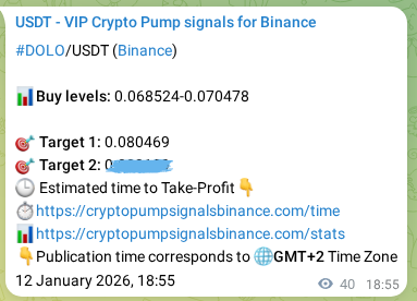 Trading signal proof: DOLO pump from Binance, 12 January 2026, 19:42 Trading signal proof: DOLO pump from Binance, 12 January 2026, 19:42