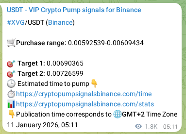 Binance trading signal proof for XVG pump, 13 January 2026, 06:02