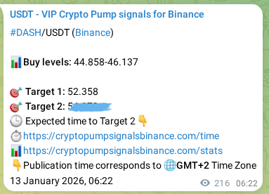 Trading signal proof: DASH pump from Binance, 13 January 2026, 12:05