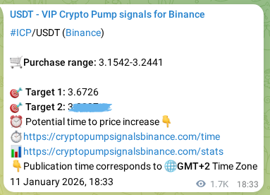 Market signal proof: ICP pump from Binance, 13 January 2026, 17:42