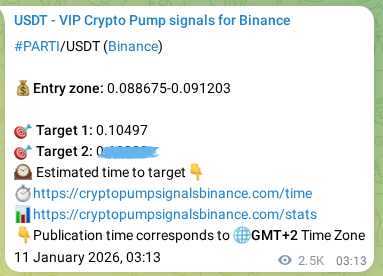 Proof of PARTI pump signal on Binance at 14 January 2026, 00:40