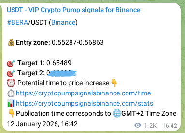 Binance pump signal data for BERA at 14 January 2026, 02:33