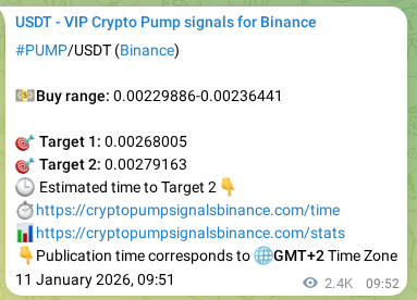 Crypto signal proof: PUMP pump on Binance, 14 January 2026, 04:46