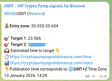 Crypto pump signal verification for DCR on Binance, 14 January 2026, 18:17