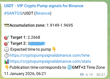 Binance pump signal proof for SANTOS on 16 January 2026, 06:05
