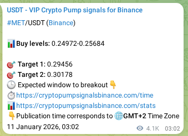 Trading signal proof: MET pump from Binance, 16 January 2026, 10:23