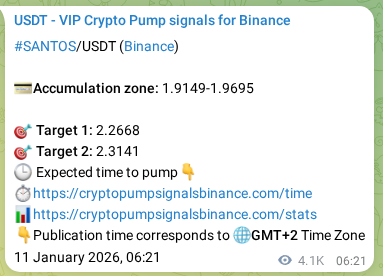 Binance pump signal data for SANTOS at 16 January 2026, 16:10