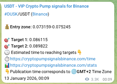 Crypto trading signal proof: DUSK pump on Binance, 16 January 2026, 20:03