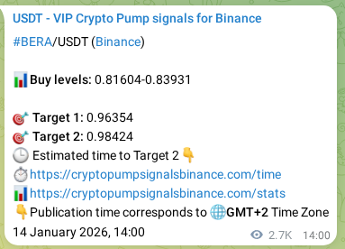 Binance pump signal verification for BERA at 17 January 2026, 15:28