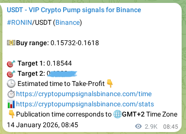 Authenticated proof of RONIN's pump signal on Binance, 17 January 2026, 16:04