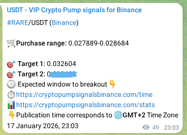 Trading signal proof for RARE on Binance, 17 January 2026, 23:52