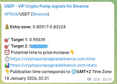 Authenticated proof of FRAX's pump signal on Binance at 18 January 2026, 08:18