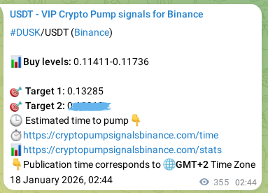 Crypto trading signal proof: DUSK pump on Binance, 18 January 2026, 12:34