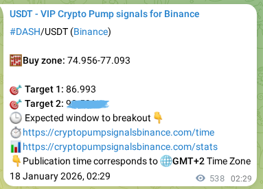 DASH pump verification image from Binance, 18 January 2026, 17:26